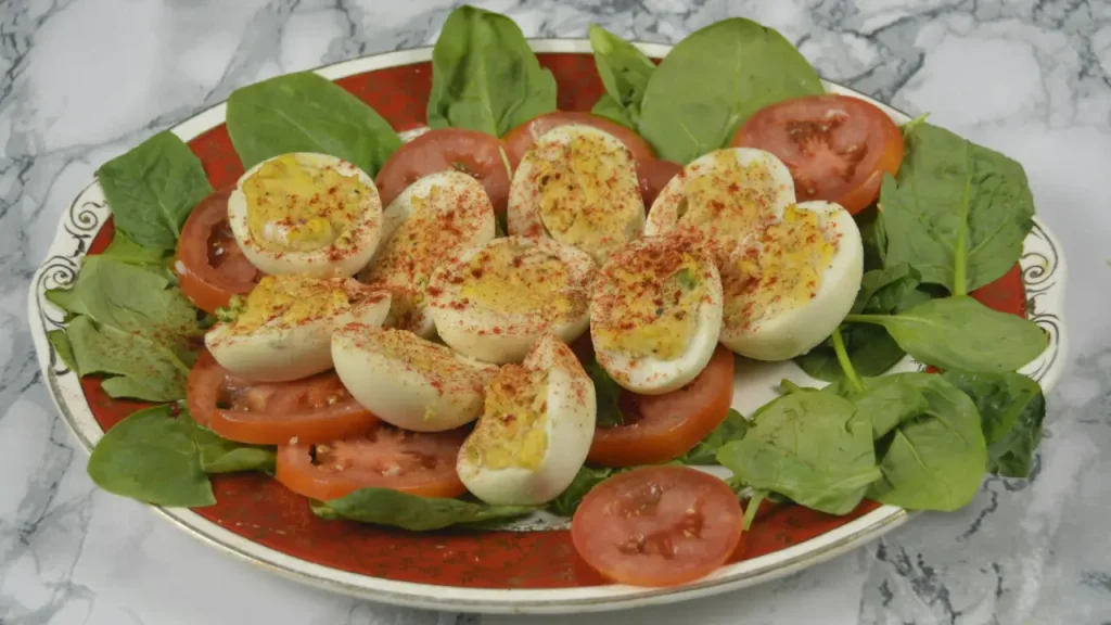 Low calorie devilled eggs filled with creamy cottage cheese and mustard mixture