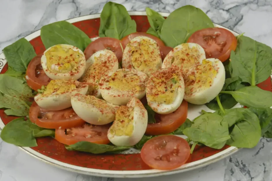 Low calorie devilled eggs filled with creamy cottage cheese and mustard mixture