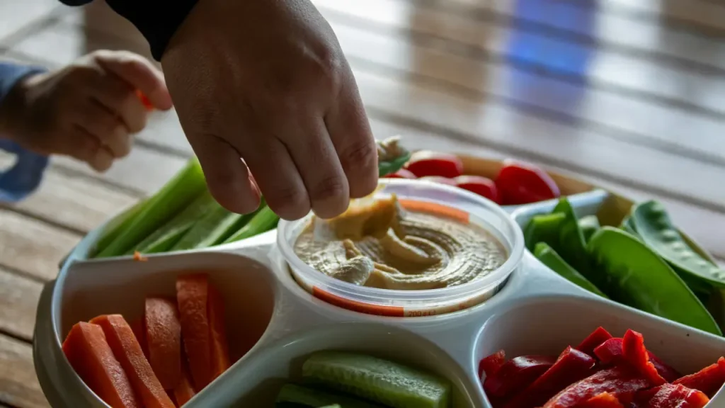 Bowl of homemade hummus served with fresh vegetables