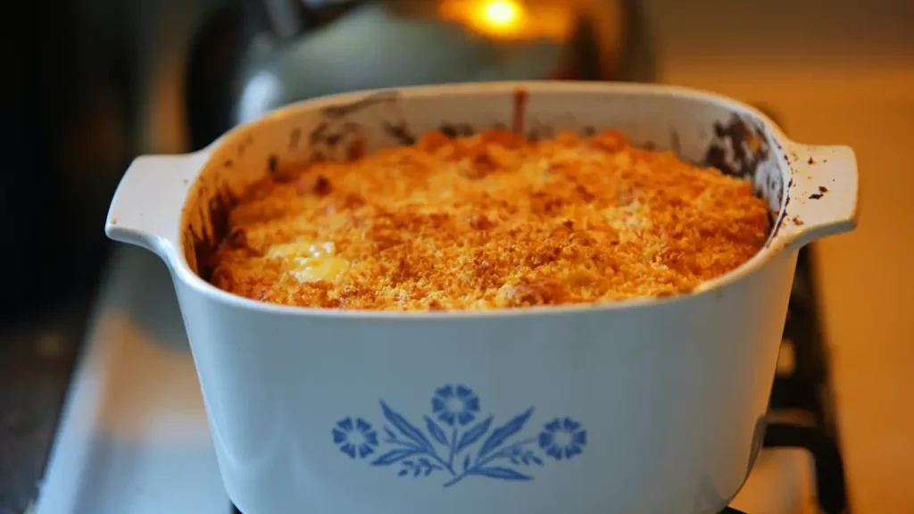 Lighter green bean casserole with mushrooms and crispy Parmesan panko topping