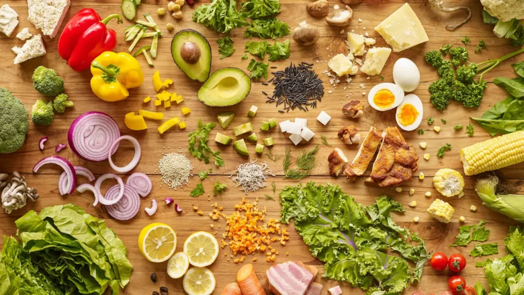 Complete nutrition with healthy foods including egg, fish, vegetables and avocado